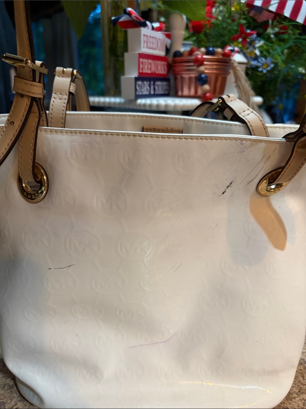 Michael Kors White Designer-Style Tote Bag with Gold Hardware